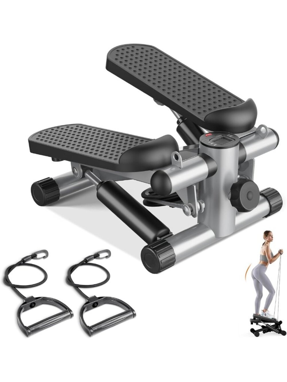 Compact Mini Stair Stepper with Resistance Bands, 300 LBS Capacity, LCD Monitor